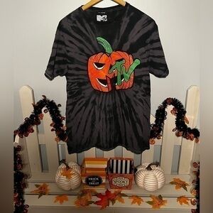 MTV Halloween Pumpkin Graphic Short Sleeve Black/Gray Tie-Dye Shirt Size Large